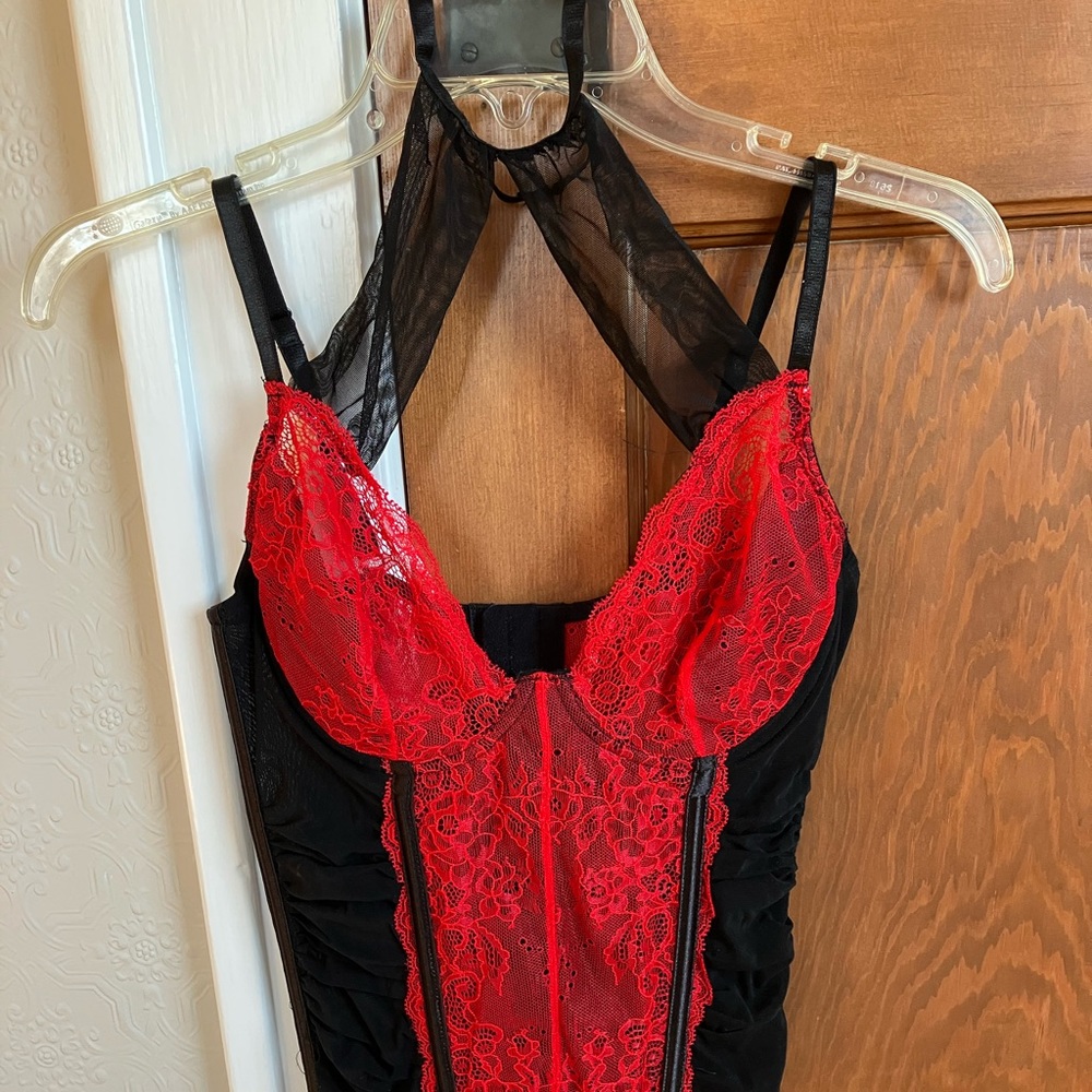 Shirley of Hollywood red lace bustier with lace neck band